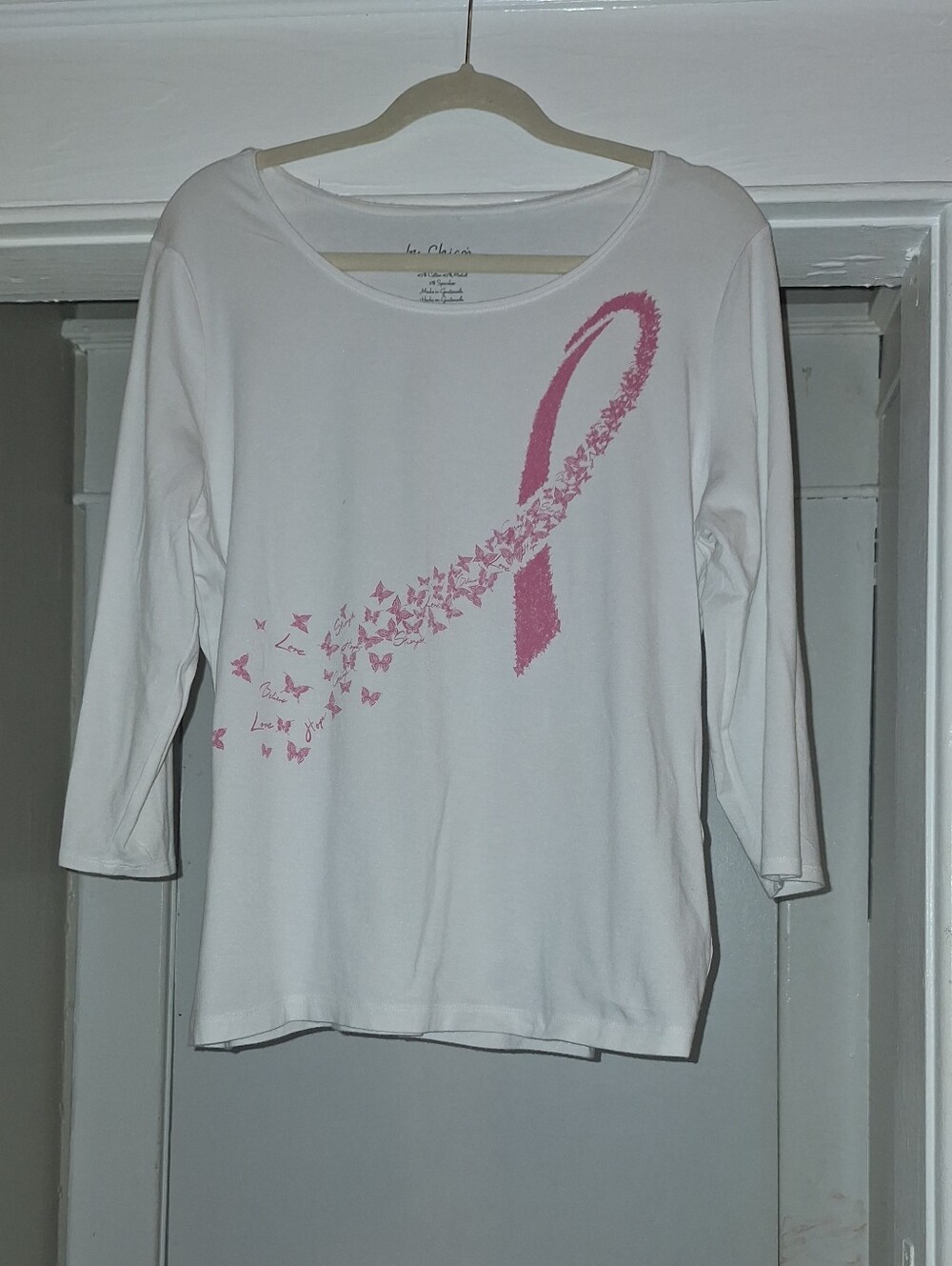 Chico's White Long-Sleeve Tee with Pink Ribbon Butterfly Graphic